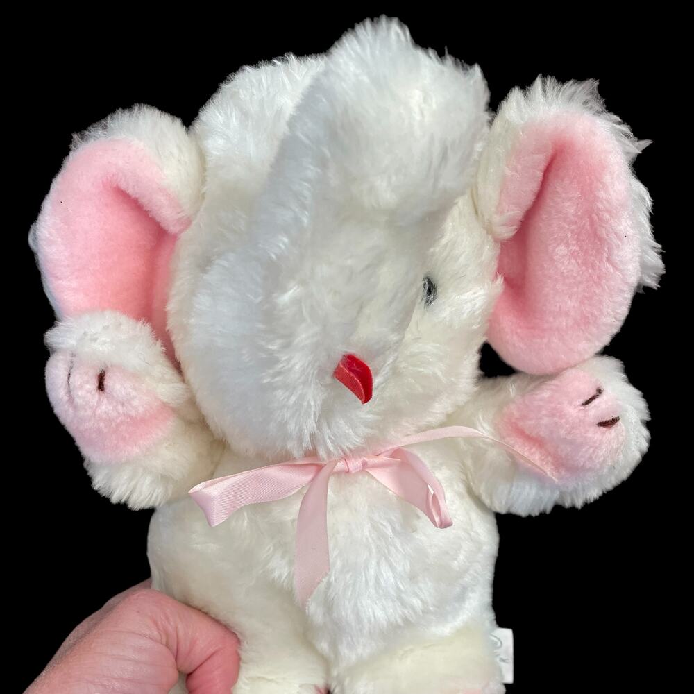Commonwealth White Elephant Plush Vtg 1983 Stuffed Toy Blue Eyes Pink Ears Pads